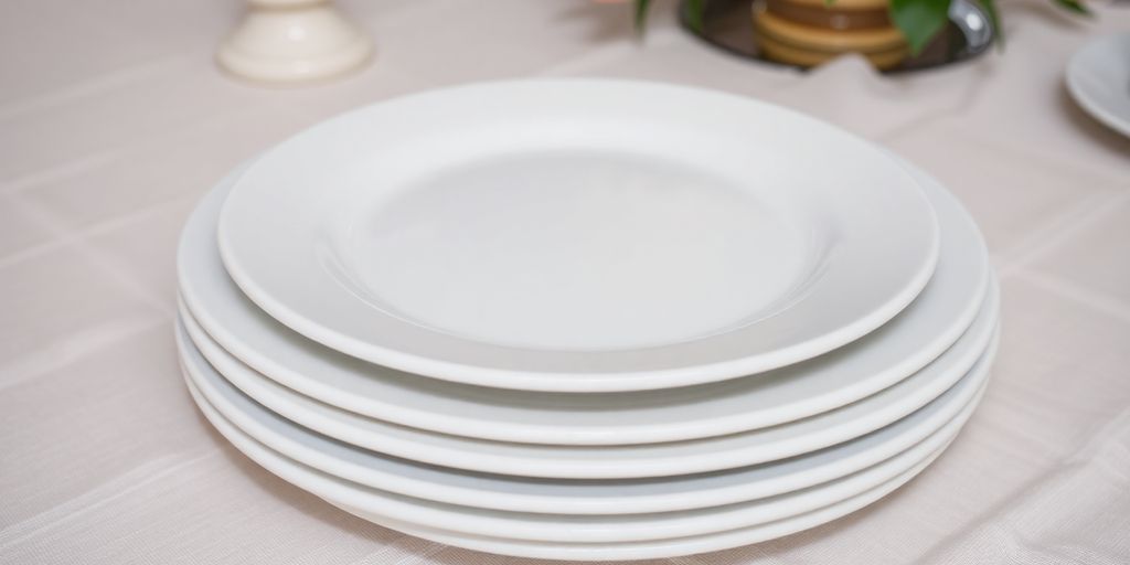 Assiettes plates en porcelaine élégantes sur table dressée.